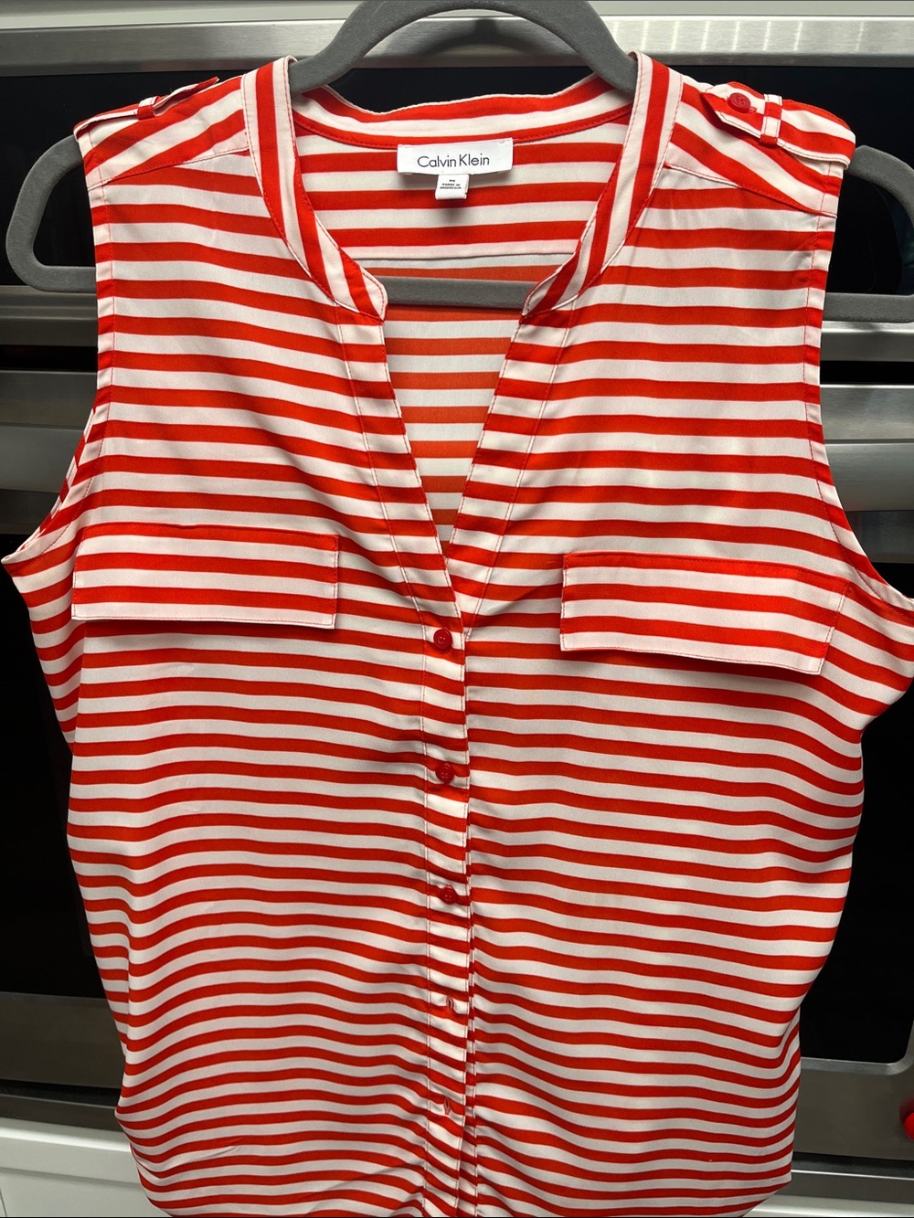 Calvin Klein Red & White Striped Sleeveless Button-Front Top